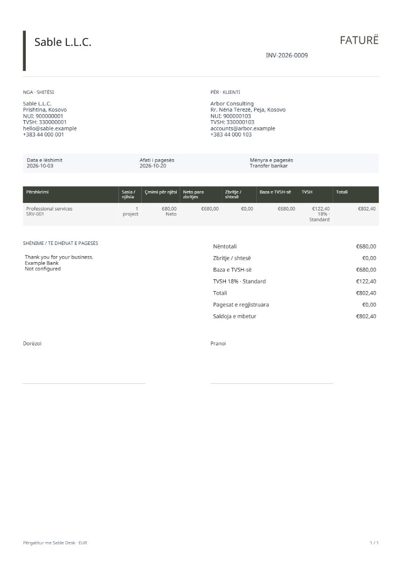Example invoice prepared in Sable Desk